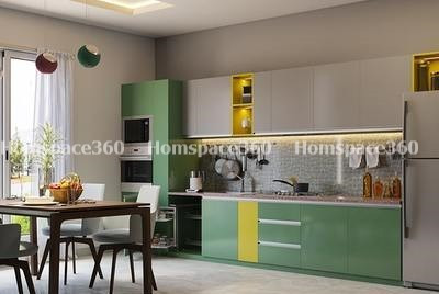 Nexa - Straight Line Modular Kitchen Design in Green & White with Membrane Laminate  Acrylic Lacquered Glass Finish Options - HSV-SLK-2808