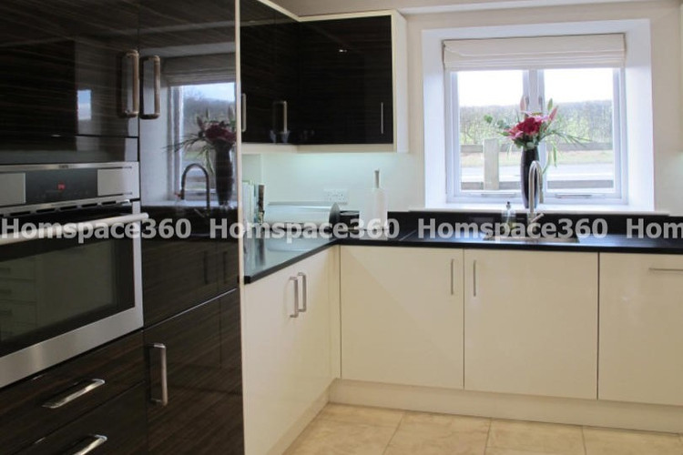 Nexa - L Shaped Modular Kitchen Design in White & Light Crème with Membrane Laminate  Acrylic Lacquered Glass Finish Options - HSV-LSK-2106