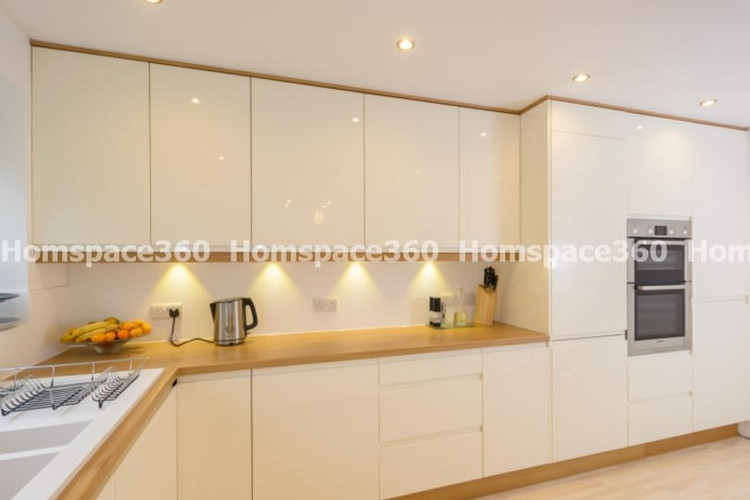 Nexa - L Shaped Modular Kitchen Design in White & Light Crème with Membrane Laminate  Acrylic Lacquered Glass Finish Options - HSV-LSK-2108