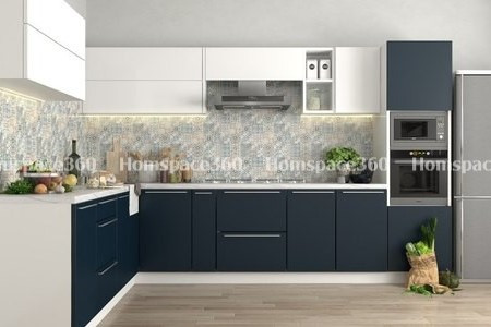 Nexa - L Shaped Modular Kitchen Design in Deep Blue & White with Membrane Laminate  Acrylic Lacquered Glass Finish Options - HSV-LSK-2703