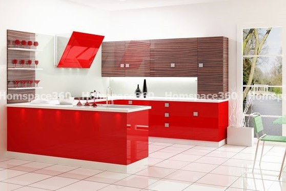 Nexa - U Shaped Modular Kitchen Design in Brown & Red with Membrane Laminate  Veneer Finish Options - HSV-USK-2102