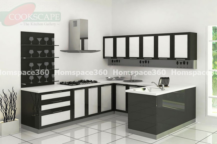 Nexa - U Shaped Modular Kitchen Design in White & Black with Membrane Laminate  Acrylic Lacquered Glass Finish Options - HSV-USK-2504