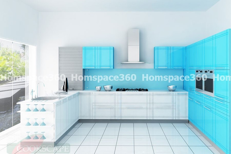 Nexa - U Shaped Modular Kitchen Design in White & Sky Blue with Membrane Laminate  Acrylic Lacquered Glass Finish Options - HSV-USK-2508