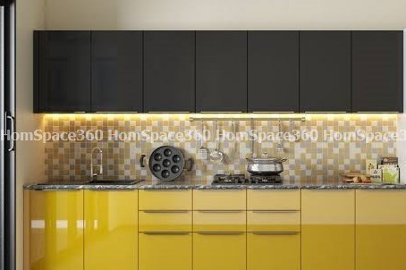 Nexa - Straight Line Modular Kitchen Design in Brown & Yellow with Membrane Laminate  Acrylic Lacquered Glass Finish Options - HSV-SLK-1013
