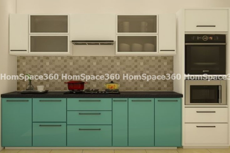 Nexa - Straight Line Modular Kitchen Design in Green & White with Membrane Laminate  Acrylic Lacquered Glass Finish Options - HSV-SLK-1016