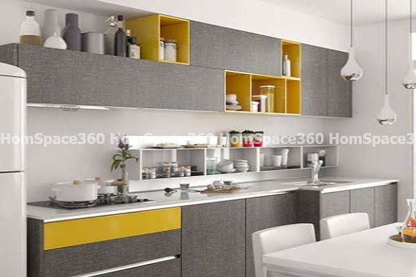 Nexa - Straight Line Modular Kitchen Design in Yellow & Light Brown with Membrane Laminate  Acrylic Lacquered Glass Finish Options - HSV-SLK-1025