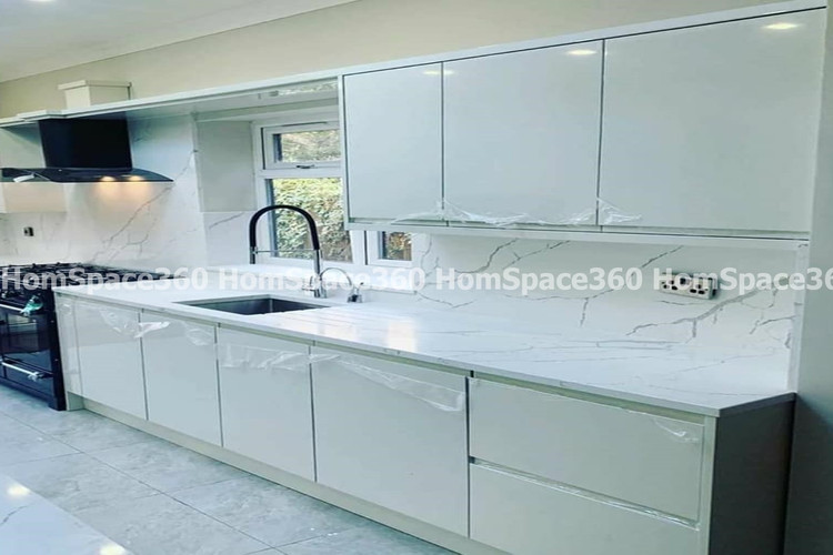 Nexa - Straight Line Modular Kitchen Design in White with Membrane Laminate  Acrylic Lacquered Glass Finish Options - HSV-SLK-1027