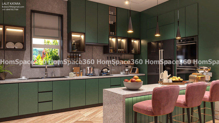 Nexa - Straight Line Modular Kitchen Design in Green with Membrane Laminate  Acrylic Lacquered Glass Finish Options - HSV-SLK-1035