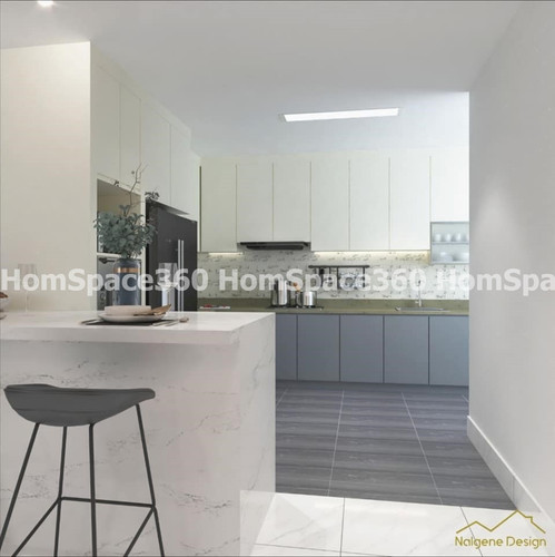 Nexa - Straight Line Modular Kitchen Design in White & Light Grey with Membrane Laminate  Acrylic Lacquered Glass Finish Options - HSV-SLK-1040