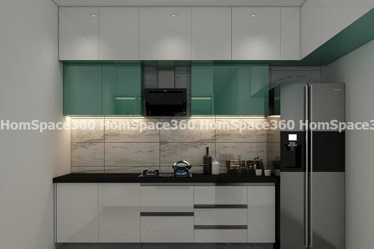Nexa - Straight Line Modular Kitchen Design in White & Green with Membrane Laminate  Acrylic Lacquered Glass Finish Options - HSV-SLK-1041