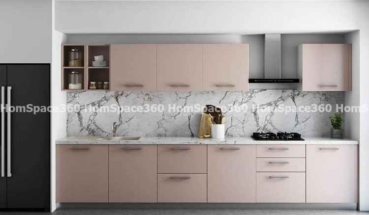 Nexa - Straight Line Modular Kitchen Design in Light Pink with Membrane Laminate  Acrylic Lacquered Glass Finish Options - HSV-SLK-1046