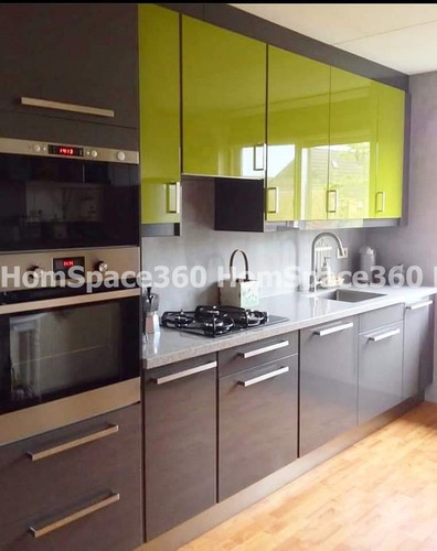 Nexa - Straight Line Modular Kitchen Design in Brown & Pista with Membrane Laminate  Acrylic Lacquered Glass Finish Options - HSV-SLK-1049