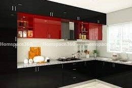 Nexa - L Shaped Modular Kitchen Design in Black & Red with Membrane Laminate  Acrylic Lacquered Glass Finish Options - HSV-LSK-1007