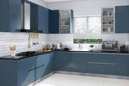 Nexa - L Shaped Modular Kitchen Design in Blue with Membrane Laminate  Acrylic Lacquered Glass Finish Options - HSV-LSK-1009