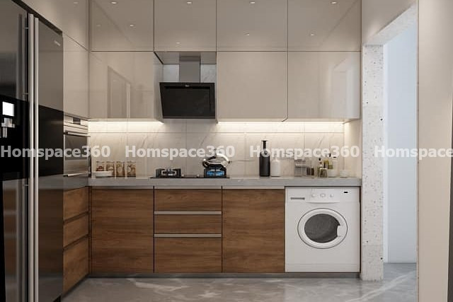 Nexa - L Shaped Modular Kitchen Design in Wood Grain & White with Membrane Laminate  Veneer Finish Options - HSV-LSK-1018