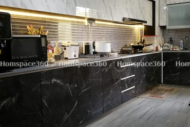 Nexa - L Shaped Modular Kitchen Design in Black with Membrane Laminate  Acrylic Lacquered Glass Finish Options - HSV-LSK-1043
