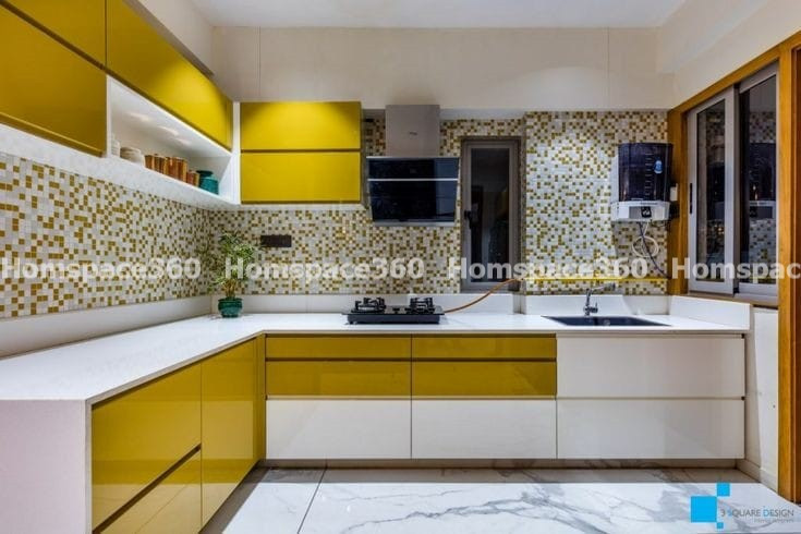 Nexa - L Shaped Modular Kitchen Design in White & Yellow with Membrane Laminate  Acrylic Lacquered Glass Finish Options - HSV-LSK-1050