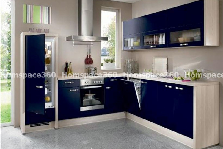 Nexa - L Shaped Modular Kitchen Design in Blue with Membrane Laminate  Acrylic Lacquered Glass Finish Options - HSV-LSK-1055
