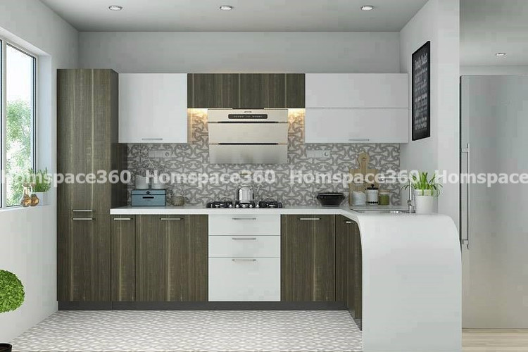 Nexa - L Shaped Modular Kitchen Design in White & Wood Grain with Membrane Laminate  Veneer Finish Options - HSV-LSK-1057