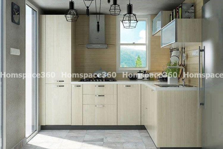 Nexa - L Shaped Modular Kitchen Design in Light Crème with Membrane Laminate  Acrylic Lacquered Glass Finish Options - HSV-LSK-1060