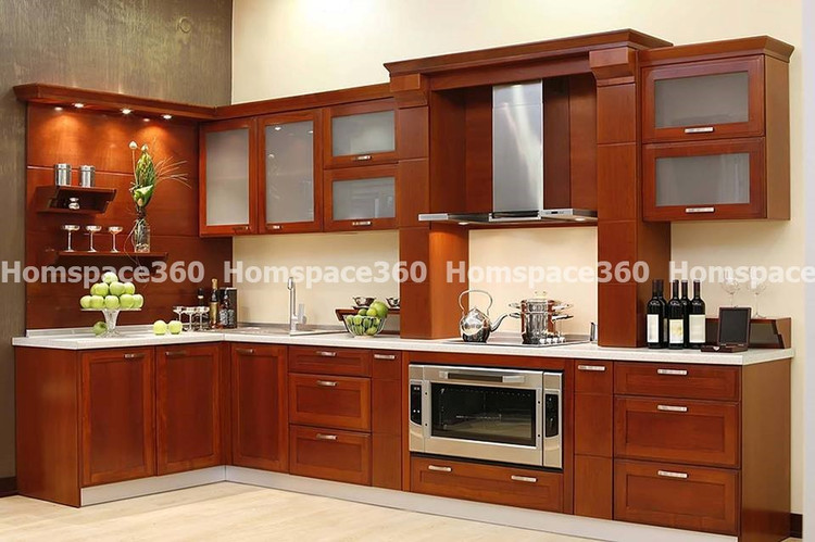 Nexa - L Shaped Modular Kitchen Design in Brown Wood with Membrane Laminate  Veneer Finish Options - HSV-LSK-1062
