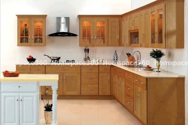 Nexa - L Shaped Modular Kitchen Design in Light Brown Wood with Membrane Laminate  Acrylic Lacquered Glass Finish Options - HSV-LSK-1063