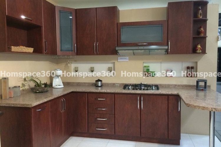 Nexa - L Shaped Modular Kitchen Design in Deep Brown Wood with Membrane Laminate  Veneer Finish Options - HSV-LSK-1071