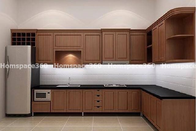 Nexa - L Shaped Modular Kitchen Design in Deep Brown Wood with Membrane Laminate  Veneer Finish Options - HSV-LSK-1072