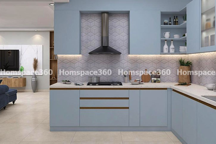 Nexa - L Shaped Modular Kitchen Design in Sky Blue with Membrane Laminate  Acrylic Lacquered Glass Finish Options - HSV-LSK-3011