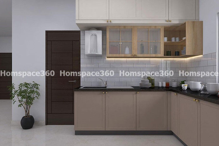 Nexa - L Shaped Modular Kitchen Design in Cream Brown with Membrane Laminate  Acrylic Lacquered Glass Finish Options - HSV-LSK-3014