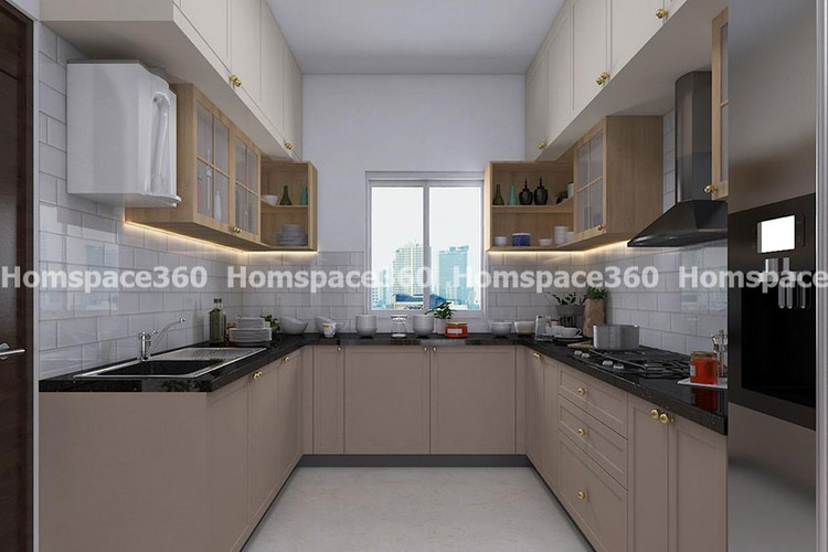 Nexa - Parallel Modular Kitchen Design in Light Brown with Membrane Laminate  Acrylic Lacquered Glass Finish Options - HSV-USK-3009