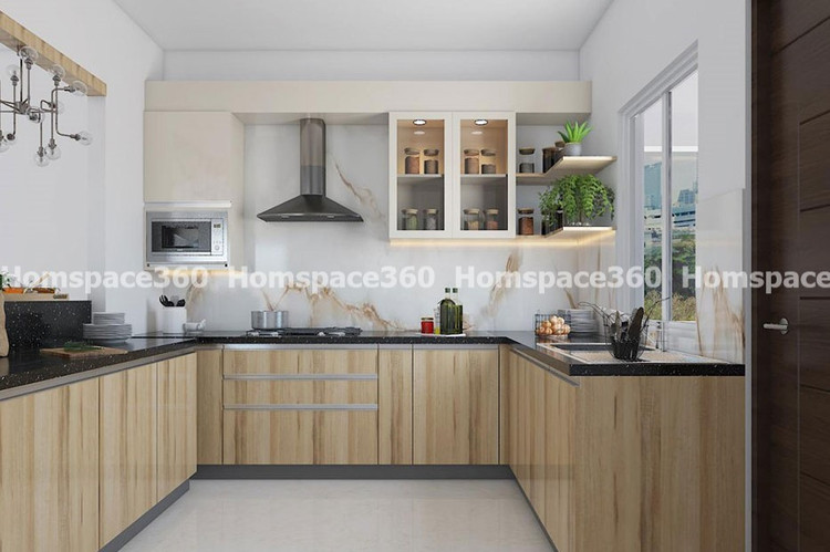 Nexa - Parallel Modular Kitchen Design in Light Brown Wood with Membrane Laminate  Acrylic Lacquered Glass Finish Options - HSV-USK-3010
