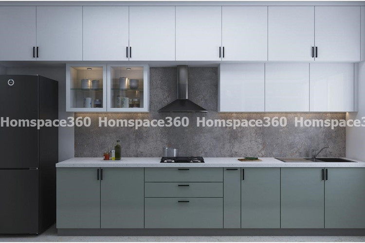 Nexa - Straight Line Modular Kitchen Design in Light green & White with Membrane Laminate  Acrylic Lacquered Glass Finish Options - HSV-SLK-3002
