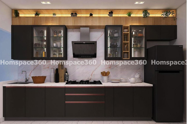 Nexa - Straight Line Modular Kitchen Design in Black with Membrane Laminate  Acrylic Lacquered Glass Finish Options - HSV-SLK-3005
