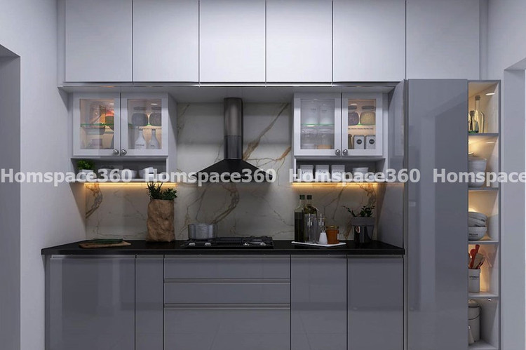 Nexa - Straight Line Modular Kitchen Design in Grey with Membrane Laminate  Acrylic Lacquered Glass Finish Options - HSV-SLK-3007
