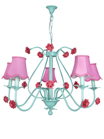 Online India Home Interior Luxury Decorative Fancy Light - Emerald Chandelier Light - Green Transitional Beach House Large 36 Inch Wide 5-Light Steel Ceiling Chandelier Hanging With Pink Scallop Bell Fabric Shades