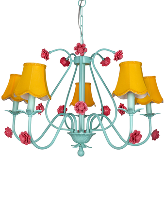 Online India Home Interior Luxury Decorative Fancy Light - Emerald Chandelier Light - Green Transitional Beach House Large 36 Inch Wide 5-Light Steel Ceiling Chandelier Hanging With Yellow Scallop Bell Fabric Shades