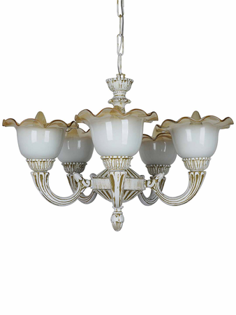 Online India Home Interior Luxury Decorative Fancy Light - Emerald Chandelier Light - Rustic Distressed White 5-Light Aluminium Chandelier With Floral Glass Shades