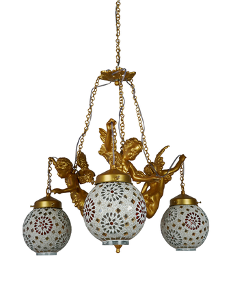 Online India Home Interior Luxury Decorative Fancy Light - Emerald Chandelier Light - Cast Aluminium Gilded Cherubs Antique 3-Lights chandelier With Tilak Mosaic Glass Shades