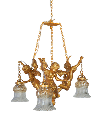 Online India Home Interior Luxury Decorative Fancy Light - Emerald Chandelier Light - Cast Aluminium Gilded Cherubs Antique 3-Lights chandelier With Lustrous Amber Glass Shade