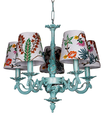 Online India Home Interior Luxury Decorative Fancy Light - Emerald Chandelier Light - Distressed Green Cast Aluminium 5 Lights Small Chandelier with Floral Embroidery White Fabric Shades