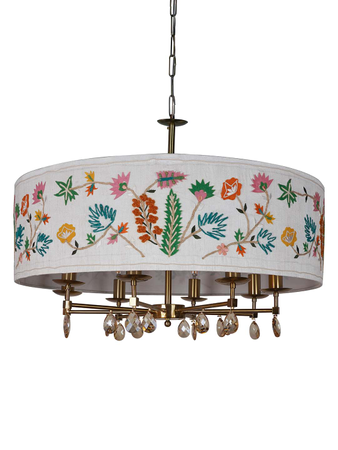 Online India Home Interior Luxury Decorative Fancy Light - Emerald Chandelier Light - Round 8 Light Crystal Chandelier With Multicolor Embroidered Drum Fabric shade