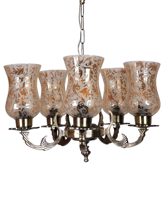 Online India Home Interior Luxury Decorative Fancy Light - Emerald Pendant n Hanging Light - Antique Aluminium 5 Light Lustre Etched Glass Ceiling Hanging