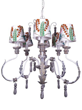 Online India Home Interior Luxury Decorative Fancy Light - Emerald Chandelier Light - Parisian Distressed Grey 6 Light Wooden Chandelier with Dainty Embroidered Shades