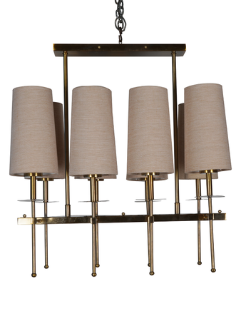 Online India Home Interior Luxury Decorative Fancy Light - Emerald Chandelier Light - Savoy Long Arm Antique Gold Rectangle 8 Light Chandelier with Beige Fabric Shades.