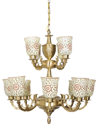 Online India Home Interior Luxury Decorative Fancy Light - Emerald Chandelier Light - Priya 2 Tier 12 Lights Brass Chandelier with Tilak Mosaic Glasses