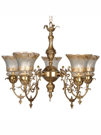 Online India Home Interior Luxury Decorative Fancy Light - Emerald Chandelier Light - Ornate Brass 5 Light Cut Glass Chandelier