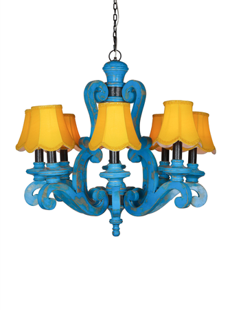 Online India Home Interior Luxury Decorative Fancy Light - Emerald Chandelier Light - Country-Style Distressed Blue 28 Inch Wide 8-Light Wooden Ceiling Chandelier Light With Yellow Scallop Bell Fabric Shades