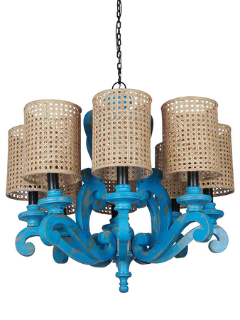 Online India Home Interior Luxury Decorative Fancy Light - Emerald Chandelier Light - Country-Style Distressed Blue 28 Inch Wide 8-Light Wooden Ceiling Chandelier Light With Cylindrical Rattan Cane Drum Shades