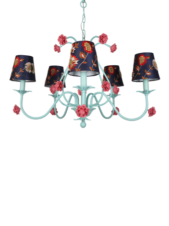 Online India Home Interior Luxury Decorative Fancy Light - Emerald Chandelier Light - Green Transitional Beach House Large 36 Inch Wide 5-Light Steel Ceiling Chandelier Hanging With Hand-Embroidered Blue Fabric Shades